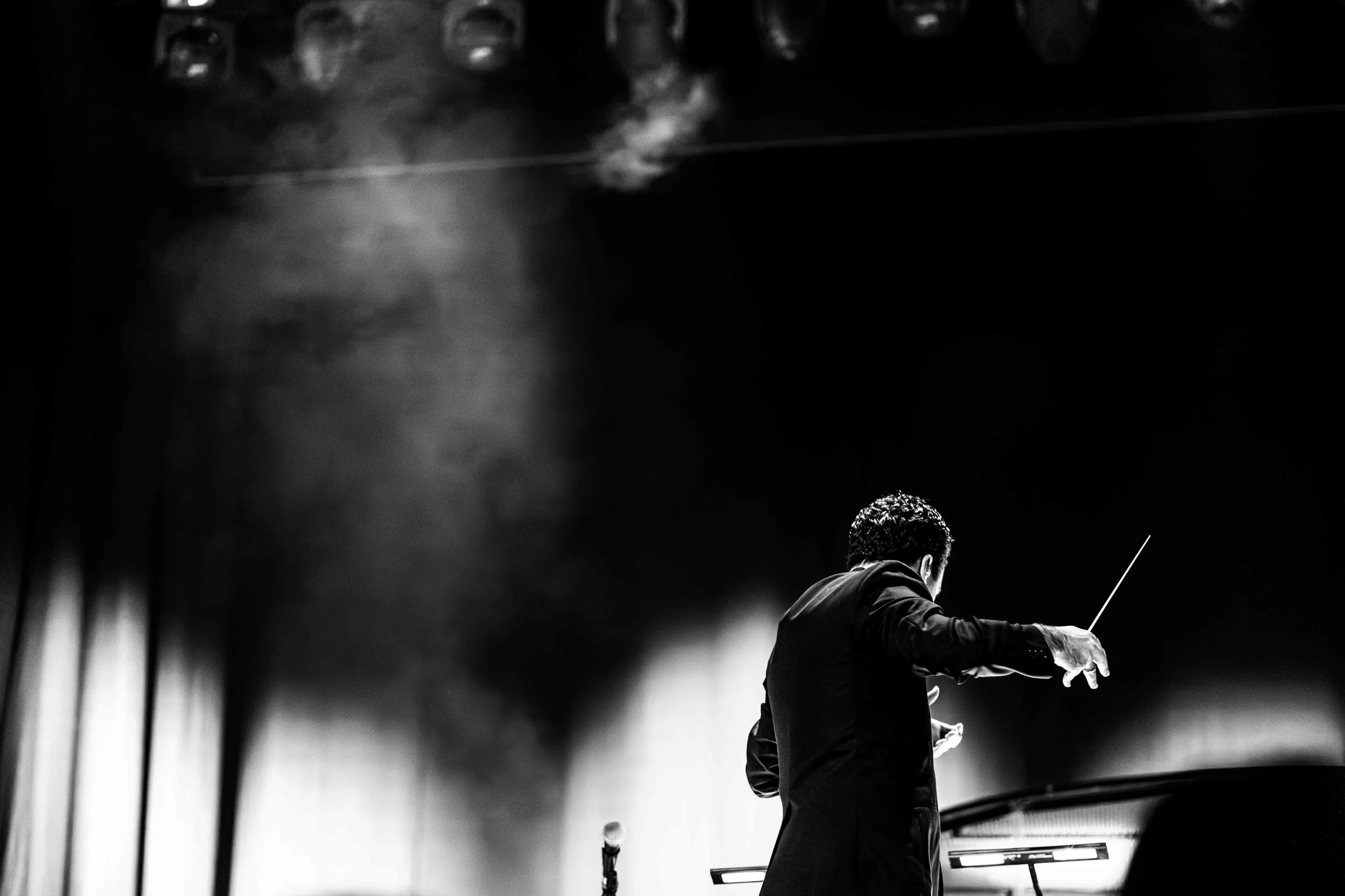 concert with pianist in black and white